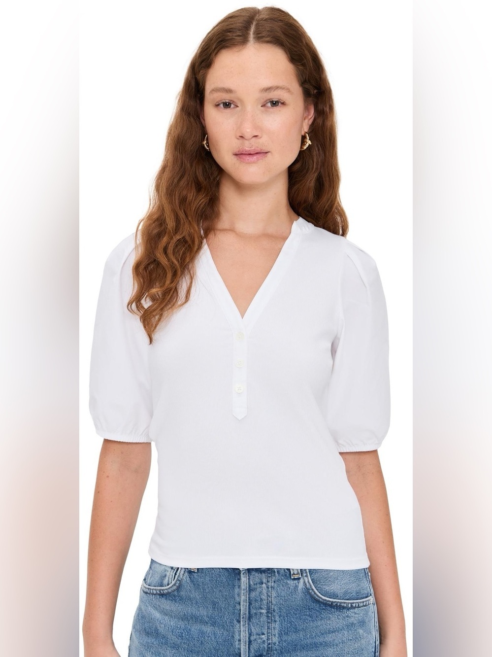 NWT Madewell White Puff Sleeve Henley Top XL Short Sleeve Cotton Blend Blouse